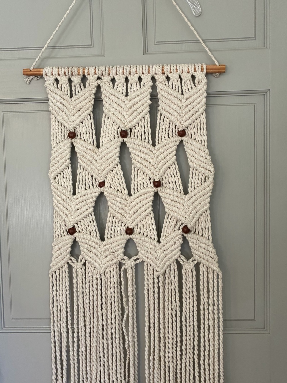 Handmade Cream Boho Macramé Wall Hanging with Wooden Beads